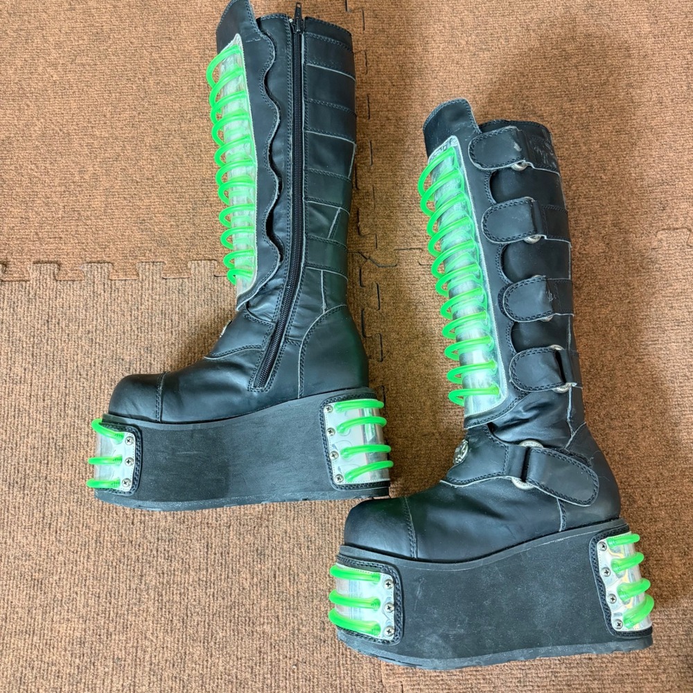 Demonia Pleaser Techno-850UV Boots Black Neon Green Cyber Goth Platform Womens 7 - Picture 10 of 16